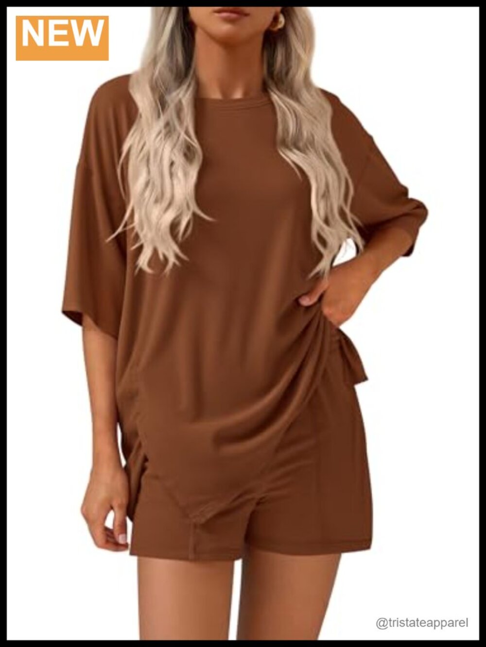 Womens Soft Knit 2 Piece Short Set Oversized Tee Wide Leg Shorts Lounge Set